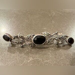 Vintage Sterling Silver, Garnet, and Marcasite Brooch